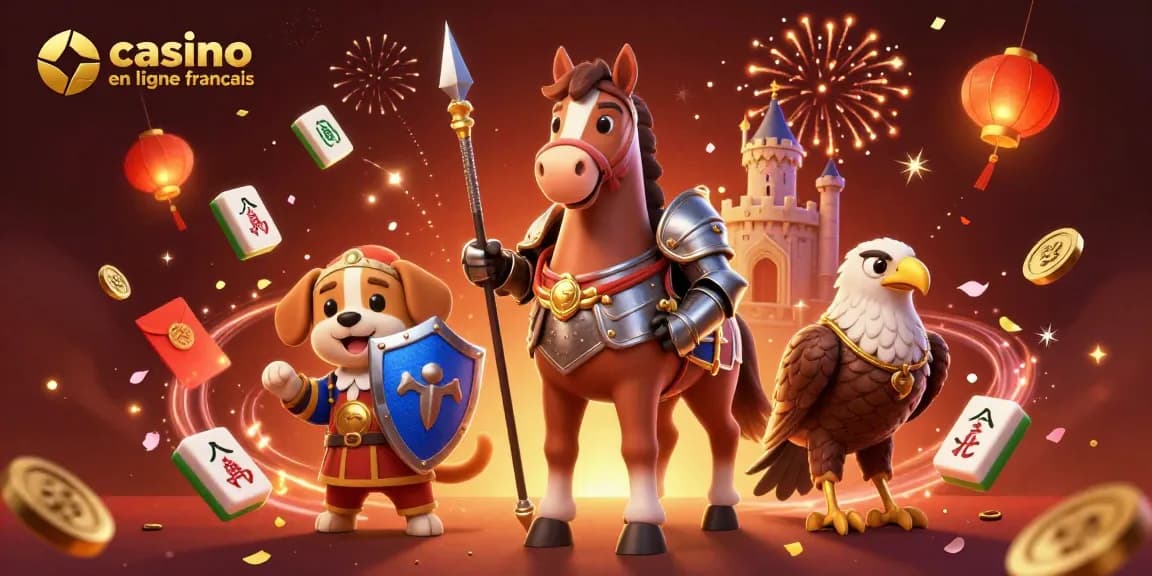 Profitez de jeux captivants sur un casino en ligne français avec un chevalier et des éléments festifs.