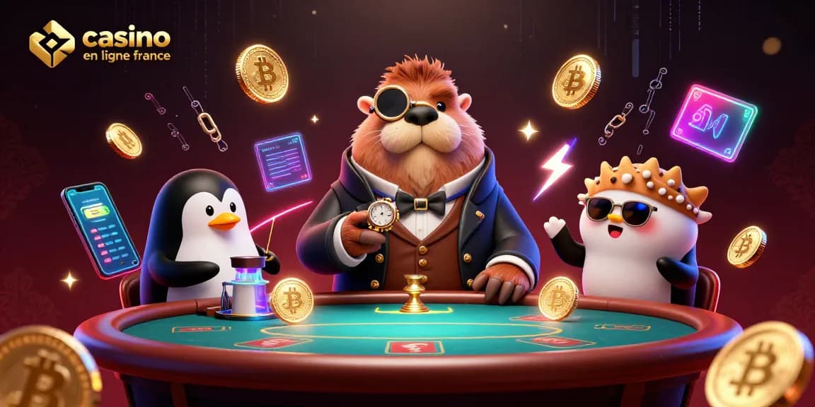 Jouez sur un casino en ligne France avec des personnages animés autour d'une table de poker.