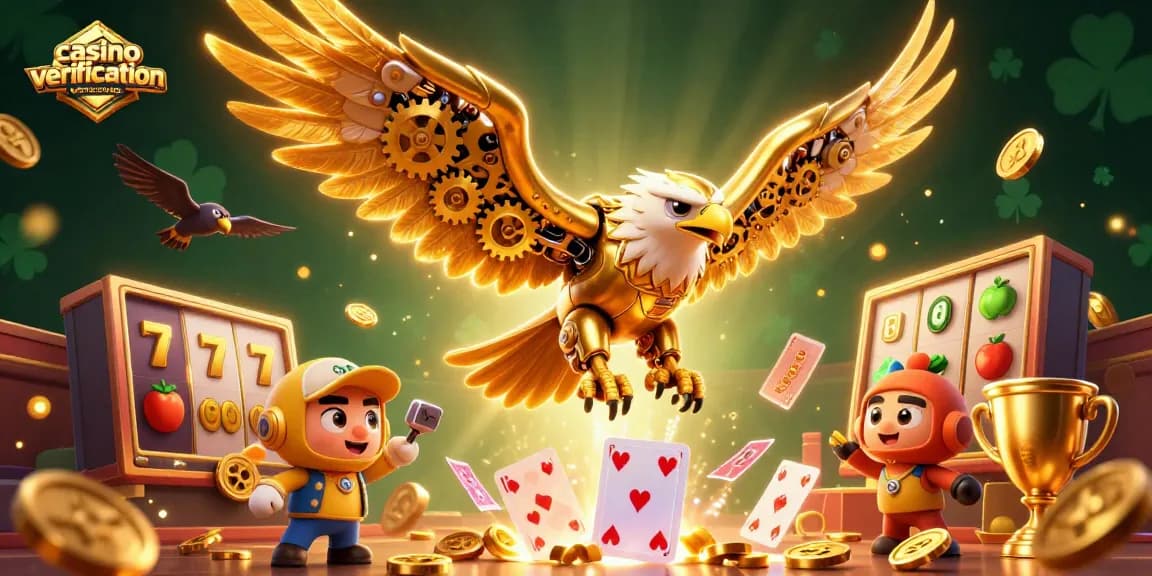 Pariez dans un casino sans vérification avec une illustration animée d'un aigle volant à travers des cartes holographiques.