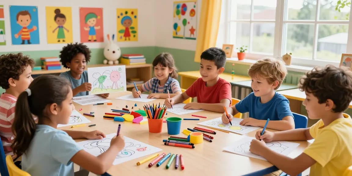 Engaging classroom scene featuring kids coloring pages for kids, showcasing creativity and collaboration.