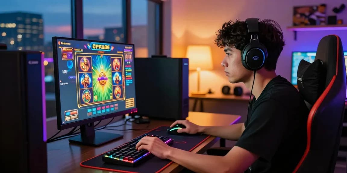 Gamer focused on slot games at oppa86 situs workstation with vibrant graphics and gaming accessories.