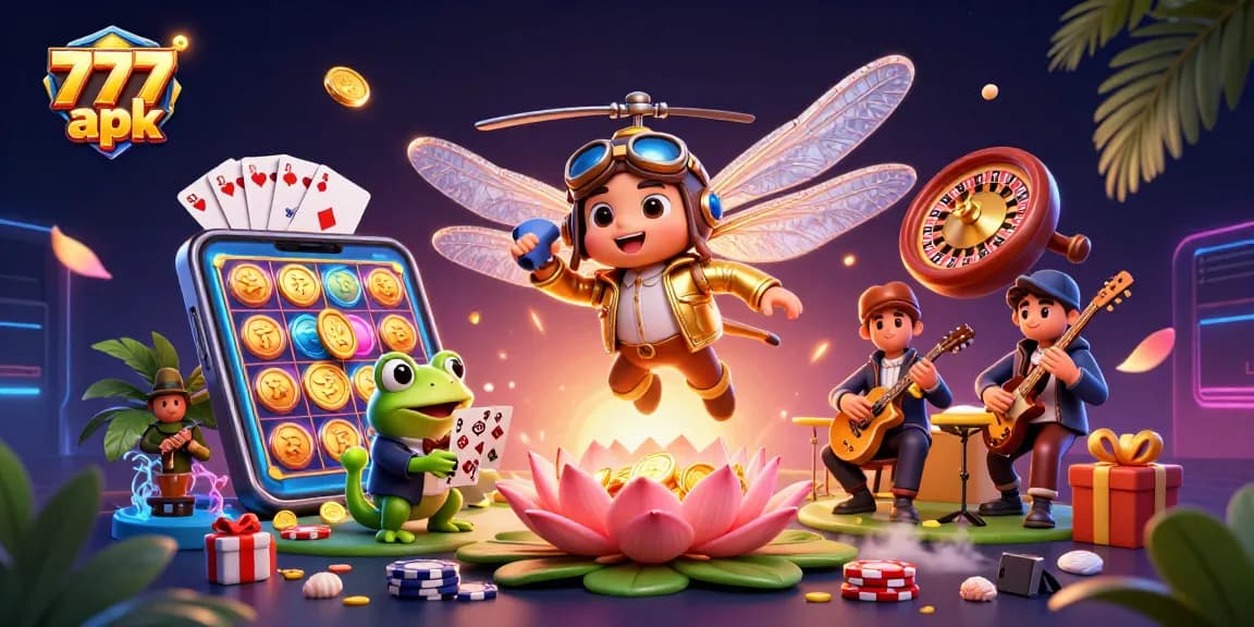Engage with 777 apk showcasing an energetic dragonfly pilot and frog dealer in a vibrant casino scene.