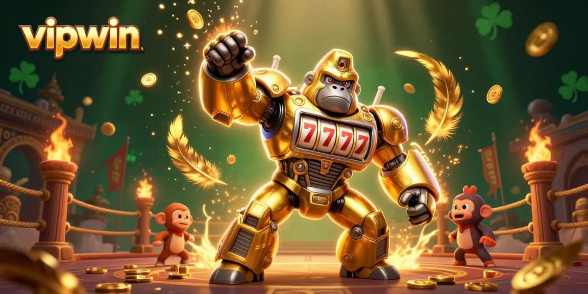 Experience the thrill of vipwin with a dynamic 3D golden gorilla mech and exciting gambling elements.