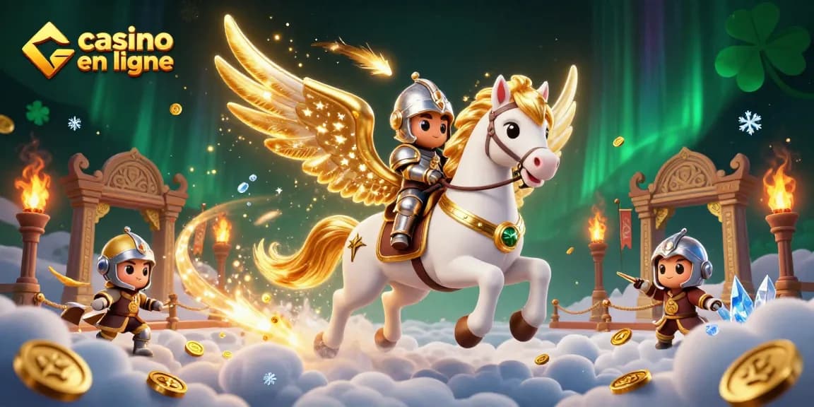 Découvrez l'action vibrante du casino en ligne avec un chevalier magique chevauchant un cheval céleste.