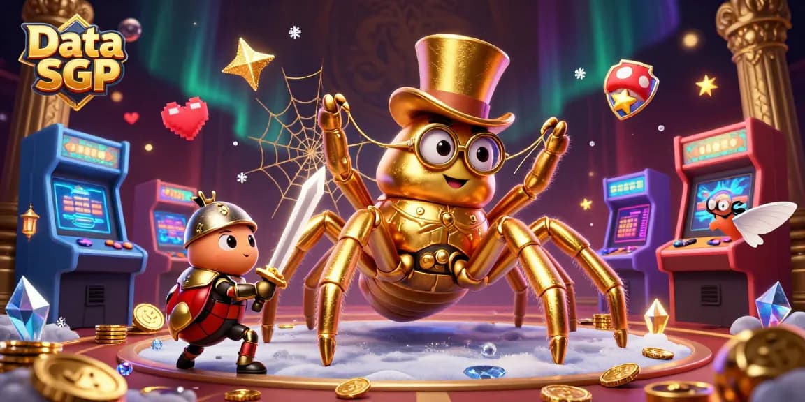Engage with Data SGP as a giant tarantula spins gold at a vibrant casino arcade.