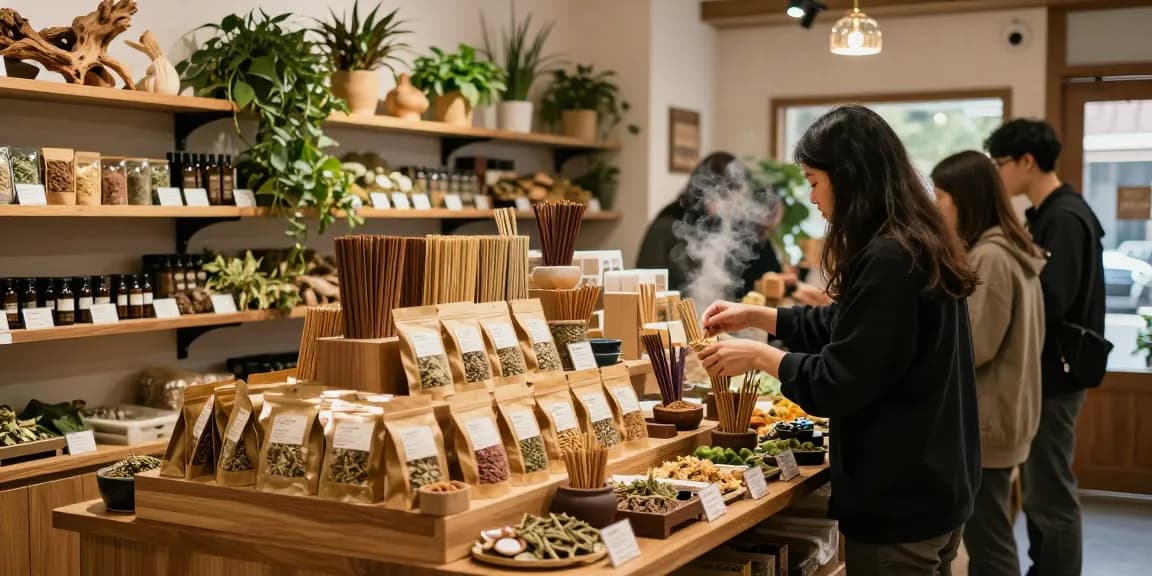 Explore a variety of legal-incense products in a charming herbal shop, showcasing vibrant blends and inviting decor.