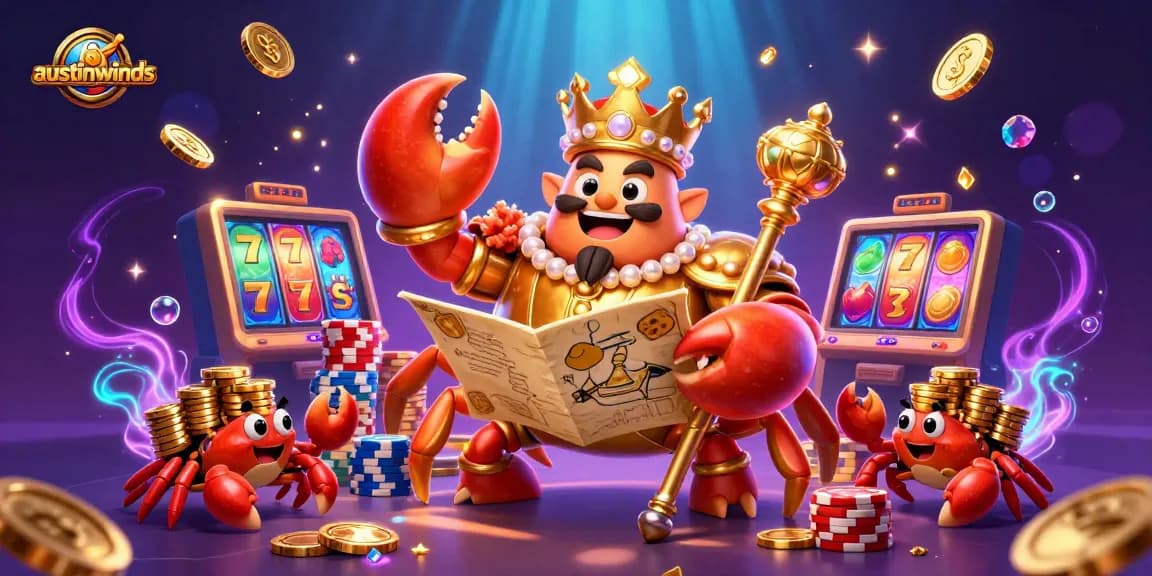 Austinwinds showcases a golden crab emperor in a vibrant casino scene with slot reels and colorful poker chips.