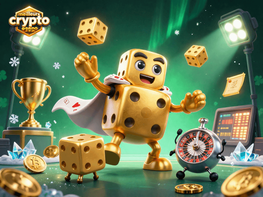 Meilleurs crypto casino 2026 : Explorez un univers ludique vibrant avec un golem en dés dorés et des éléments de blockchain.