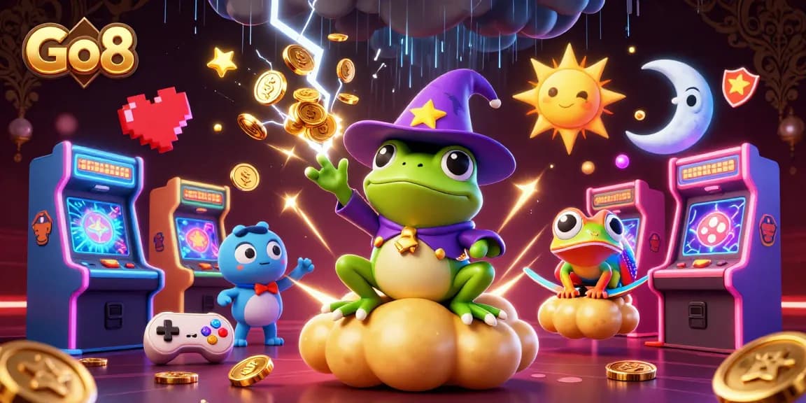 Go8 offers a vibrant gaming scene with a wizard frog and chameleon amidst golden coins, perfect for gamblers.