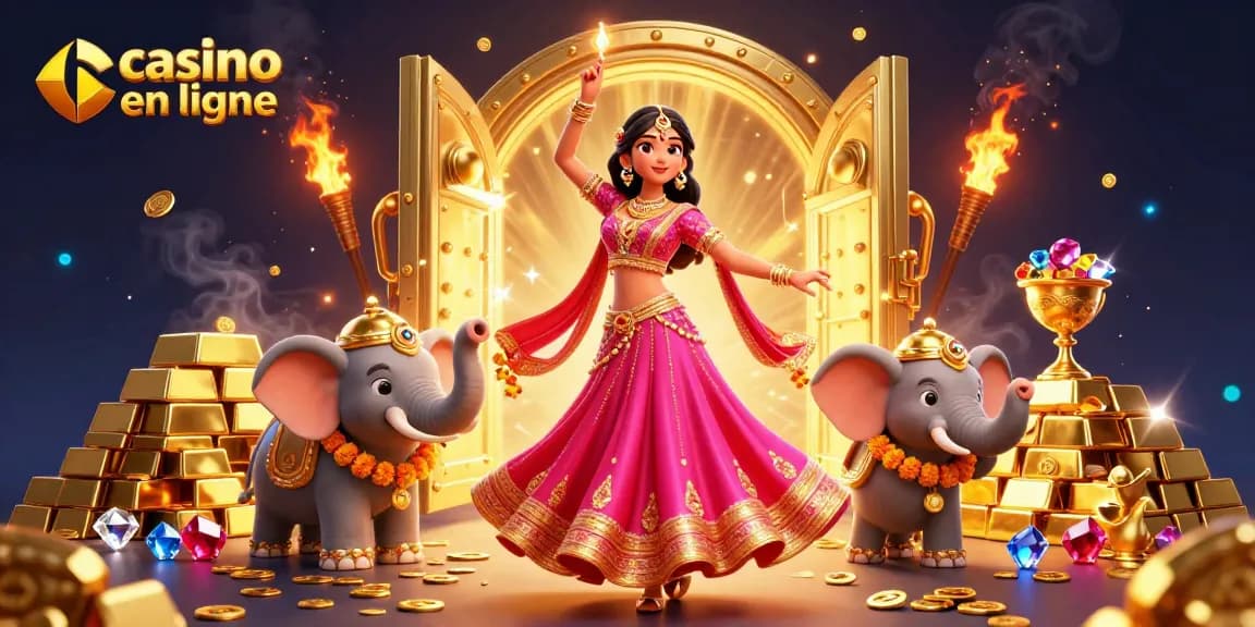 Vivez l'excitation dans un casino en ligne dynamique, avec une danseuse Bollywood époustouflante et un éléphant bijou.
