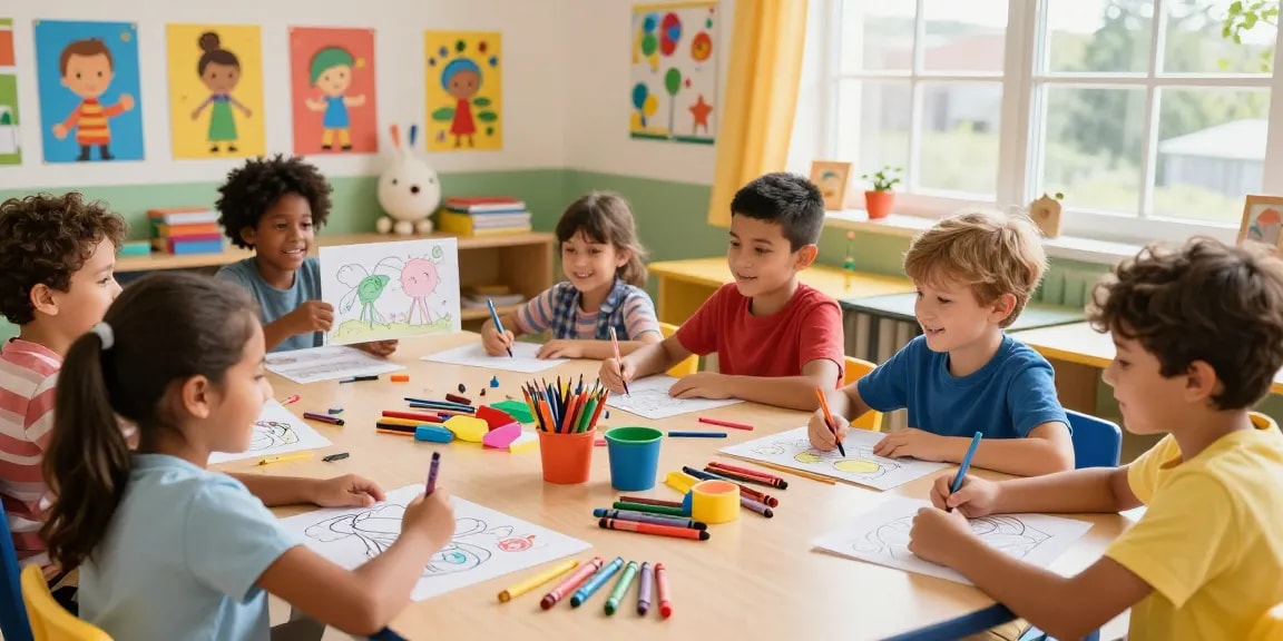 Engaging classroom scene featuring kids coloring pages for kids, showcasing creativity and collaboration.