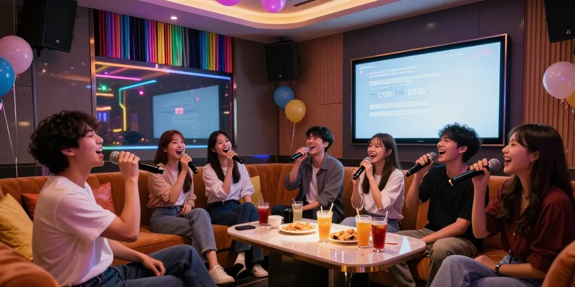Joyful friends singing at a lively 강남가라오케 lounge with vibrant decor.