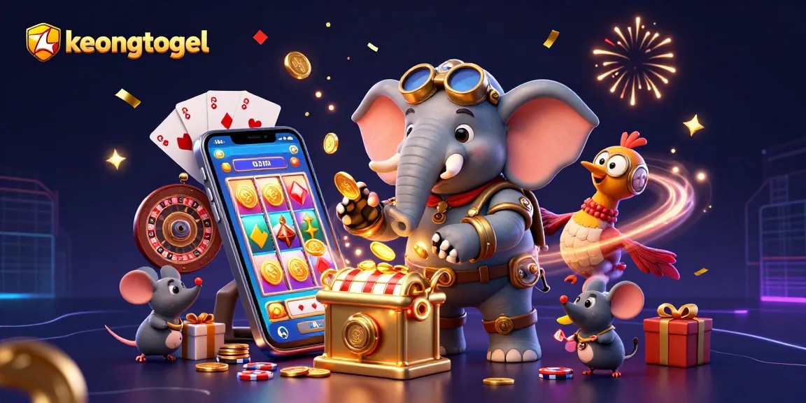 Engage with keongtogel's vibrant casino scene featuring an elephant engineer at a golden slot machine.