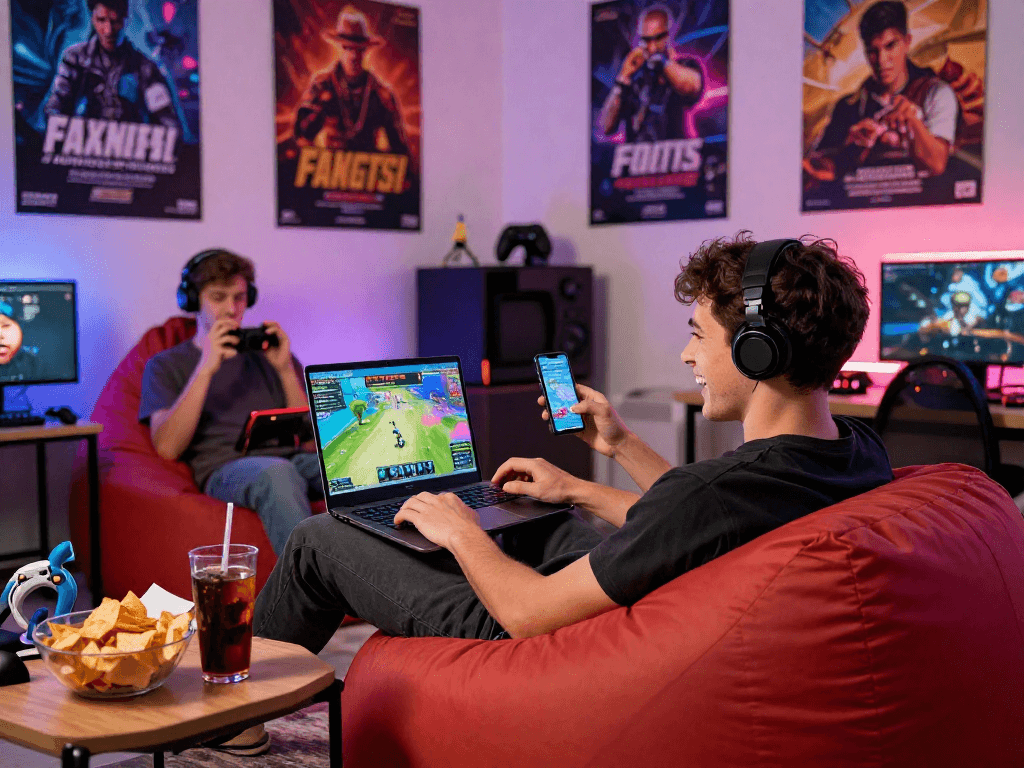 Individuals enjoying free porngames on various devices in an energetic gaming environment.