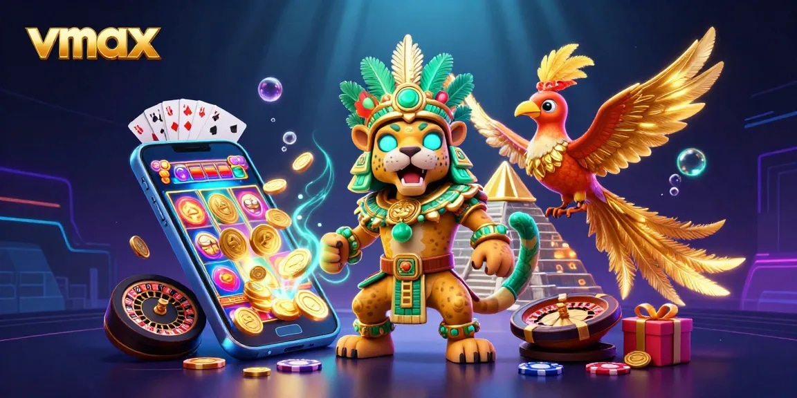 Spin and win with vmax in this vibrant 3D casino scene featuring dynamic game elements and engaging characters.