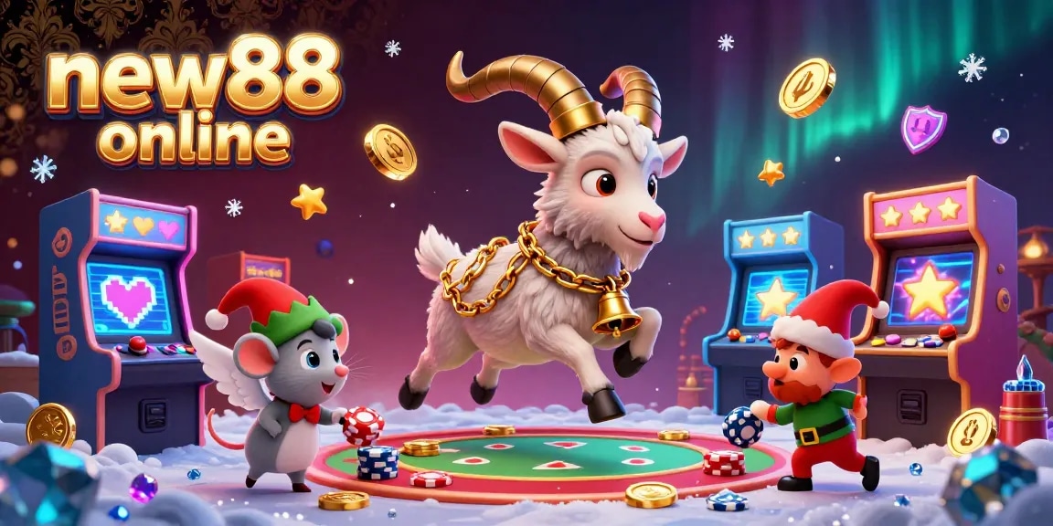 Experience the thrill of new88 online casino with a festive Krampus goat, angel mouse, and gremlins in a vibrant, engaging scene.