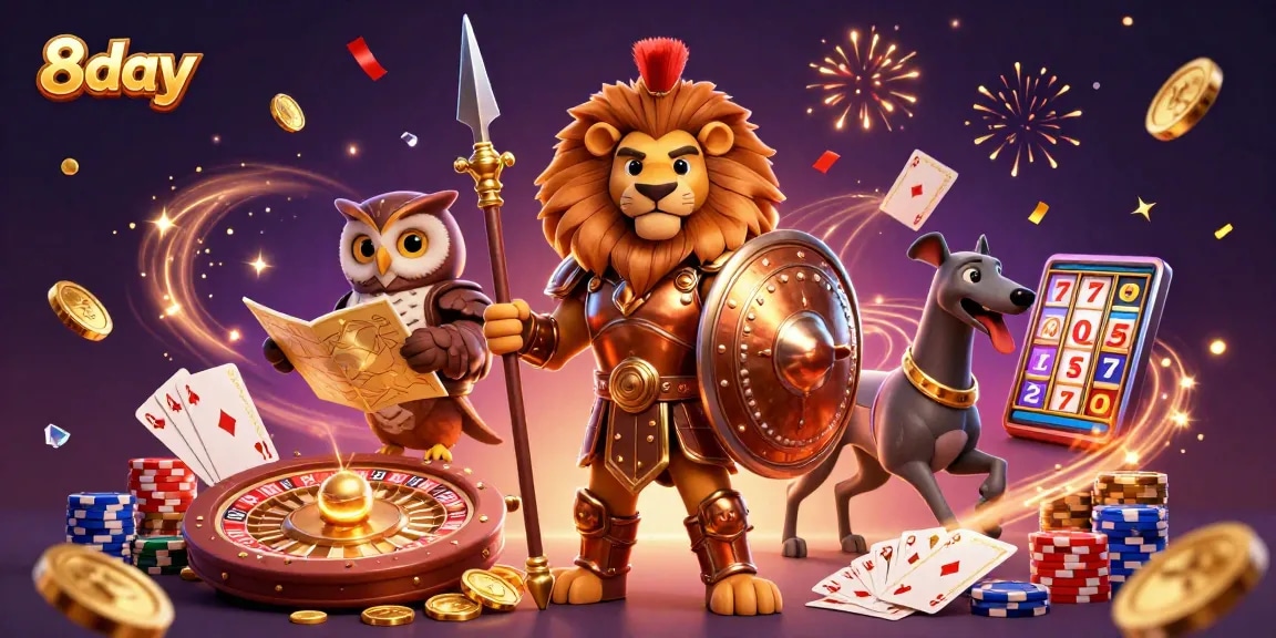 Experience exciting gaming at 8day with a vibrant scene showcasing a Spartan lion, owl strategist, and greyhound messenger.