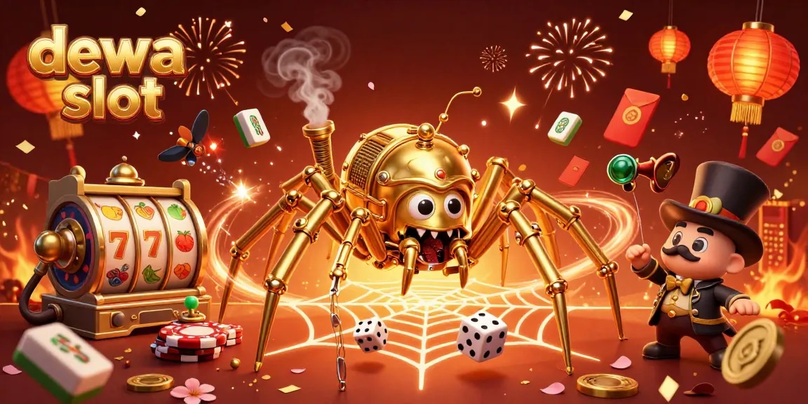 Dewa slot showcases an excited scene of 3D steampunk characters tangled in a web of luck and celebration.