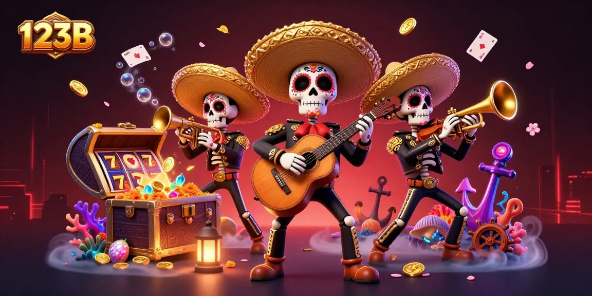 Experience thrilling wins at 123B with a vibrant 3D casino scene showcasing mariachi characters and exciting gaming elements.