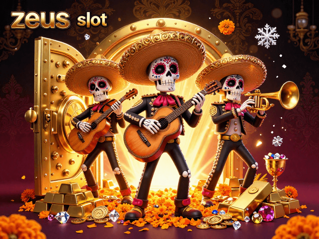 Win big at zeus slot with vibrant mariachi skeletons in a sparkling 3D casino scene.