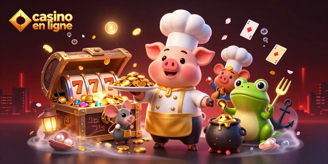 Découvrez l'excitation de casino en ligne avec des personnages de dessin animé dynamiques au milieu de pièces d'or et de symboles de jeu.