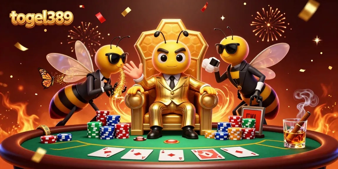 Engage with togel389 in an exciting poker scene featuring a cartoon bumblebee mob boss and vibrant gaming elements.