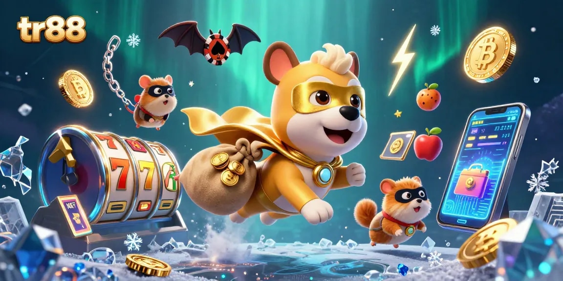 Win big with tr88 as a superhero dog and hamster fly through a vibrant casino world.