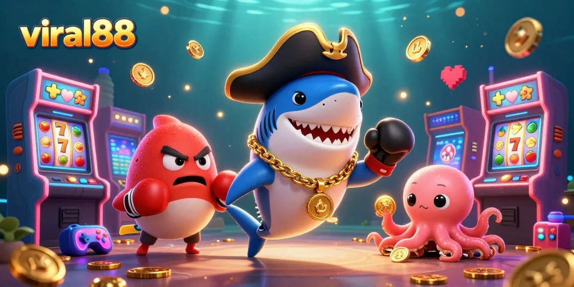 Join the excitement at viral88 with a vibrant 3D casino scene featuring a dynamic shark, pufferfish, and octopus!