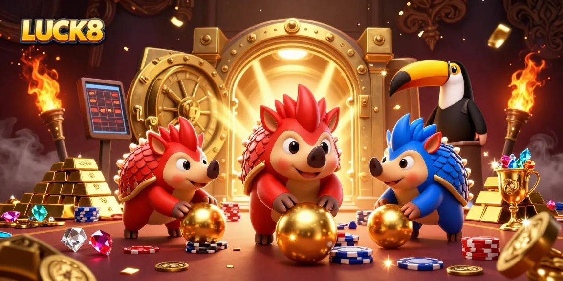 Experience thrilling gameplay at LUCK8 with rival pangolins in a vibrant casino scene filled with gold.