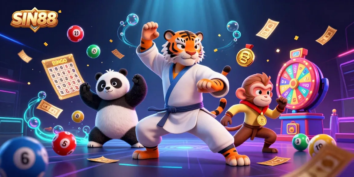 SIN88 engages players in a vibrant, dynamic lottery scene with animated game elements and characters.