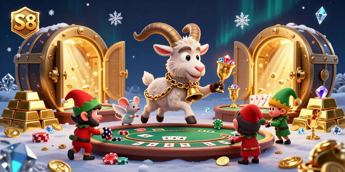 S8 engages players with a lively holiday casino scene featuring a 3D cartoon Krampus goat, poker chips, and magical elements.