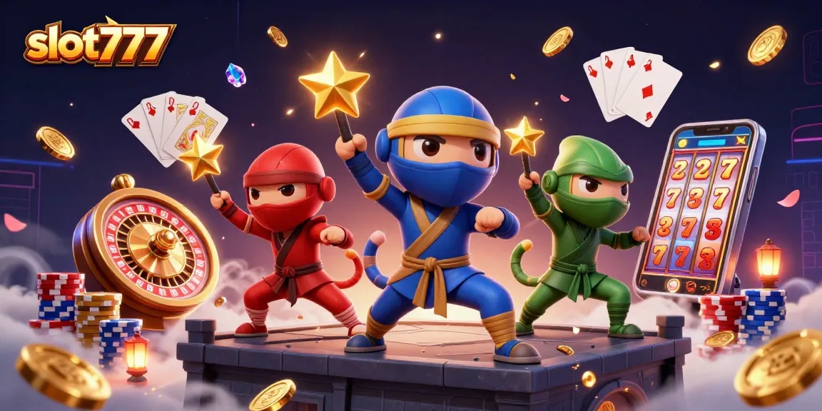 Experience the excitement of slot777 with chameleons and casino elements in a vibrant 3D illustration.