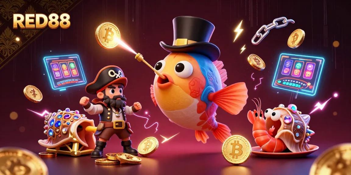Engage with RED88's casino adventure featuring an anglerfish and pirate shrimp attracting riches.