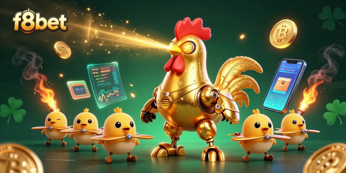 Engage with f8bet, where golden rooster robots and crypto coins create an electrifying casino atmosphere.