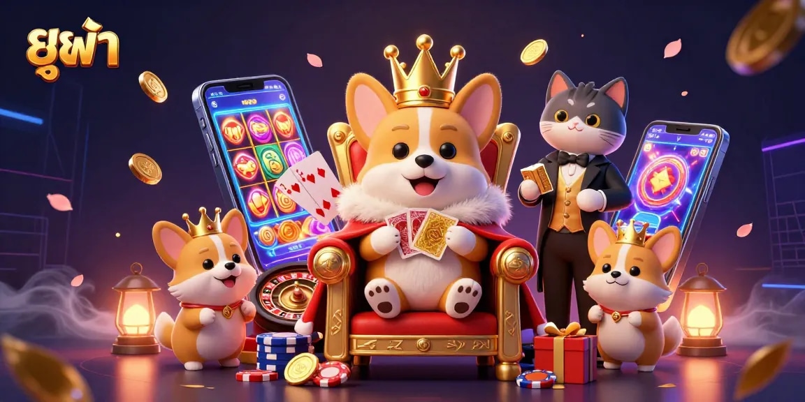 Experience the excitement of ยูฟ้า with a royal corgi in a vibrant casino setup showcasing games and entertainment.