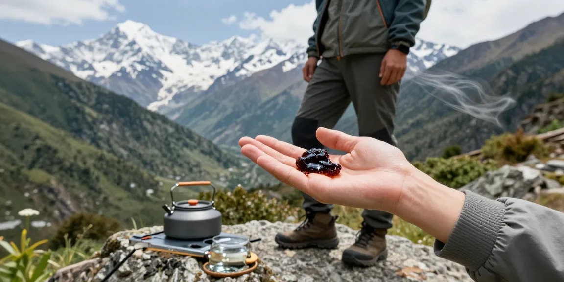 Holding pure Himalayan shilajit resin in serene mountain landscape