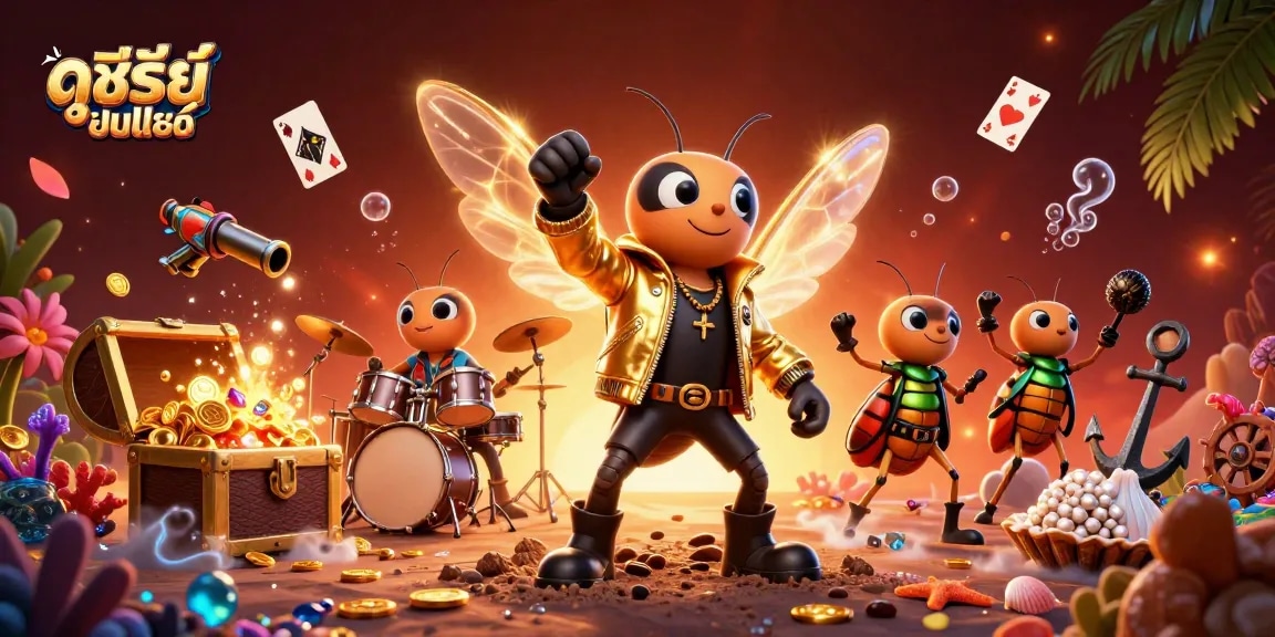 Experience ดูซีรี่ย์ออนไลน์ with an electrifying rock star surrounded by vibrant casino elements.