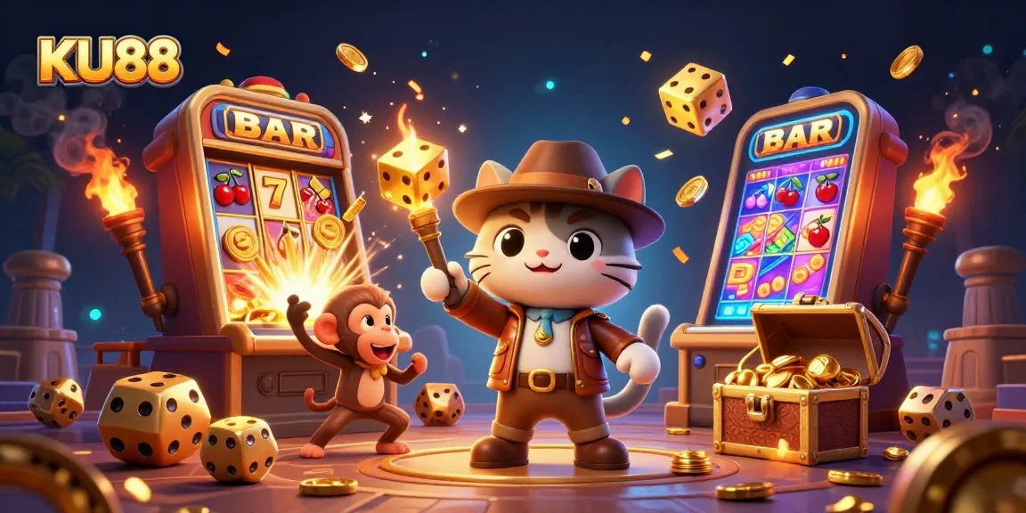 Engage with the thrilling world of KU88 casino slots, featuring dynamic characters and vibrant casino elements.