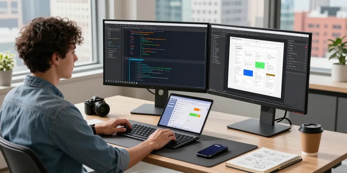 Developer using Snipaste官网 in a modern tech workspace, showcasing dual monitors and a dynamic coding environment.