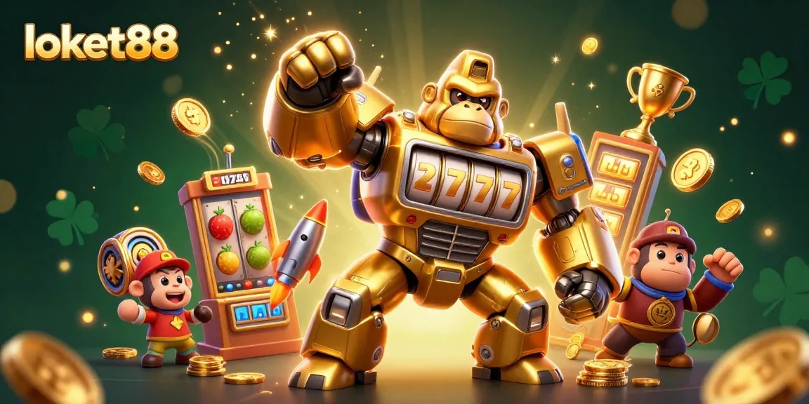 Experience thrilling wins with loket88, featuring a golden gorilla mech and dynamic slot elements.