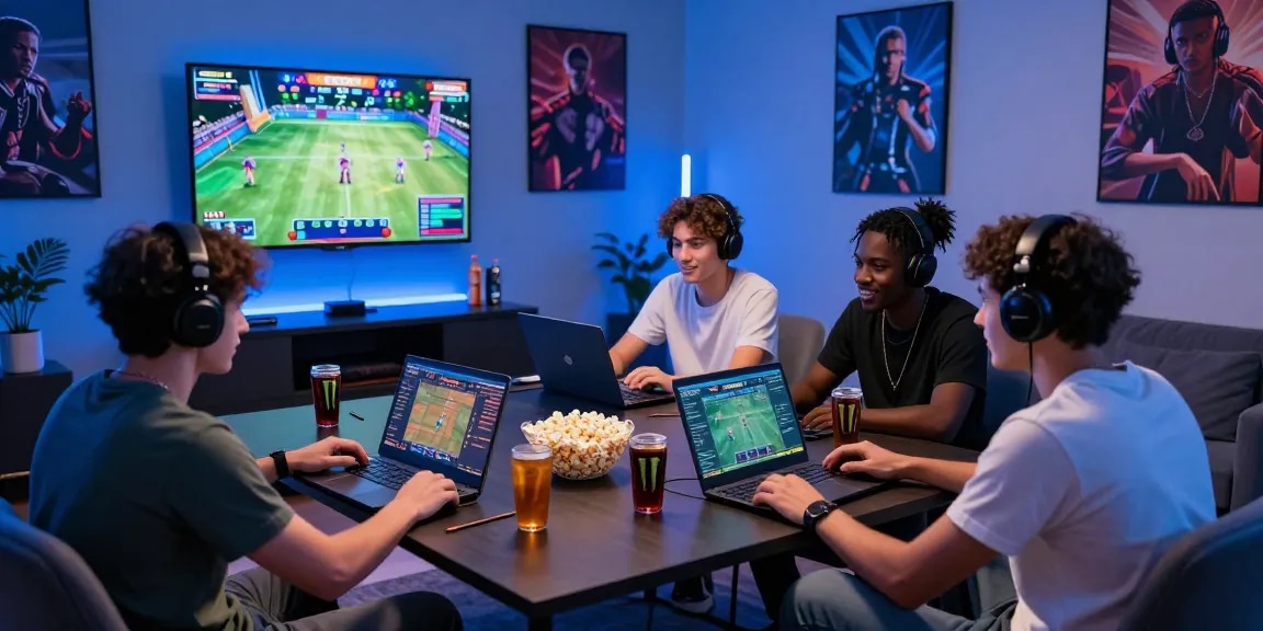 Friends enjoying benihtoto togel gaming session at home with laptops and snacks