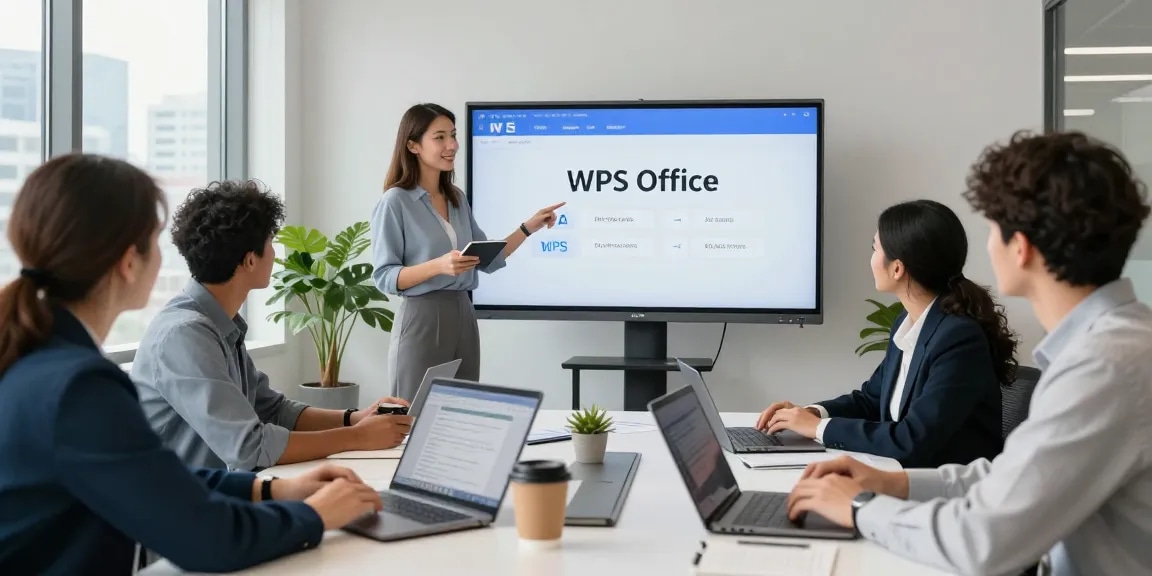 Team collaborating on WPS下载 in a modern office environment, showcasing real-time document editing with smart technology.