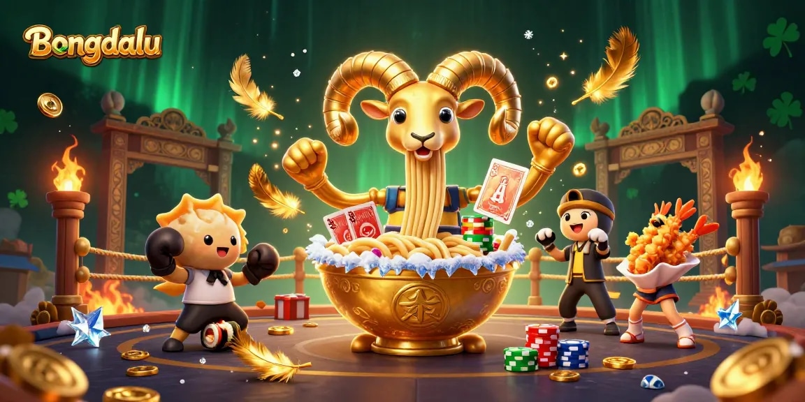 Bongdalu's dynamic illustration showcases a giant ramen bowl dealer, engaging players with chips in a lively casino scene.
