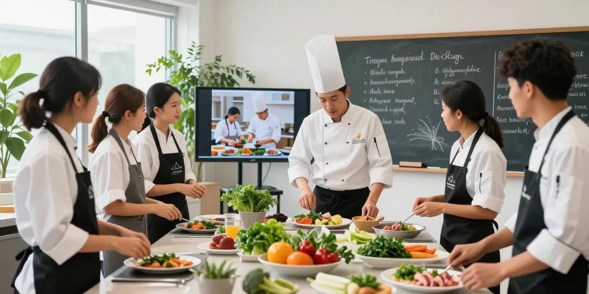 Engaged professionals in a culinary training session for the hospitality workforce playbook 2026, showcasing teamwork and fresh ingredients.