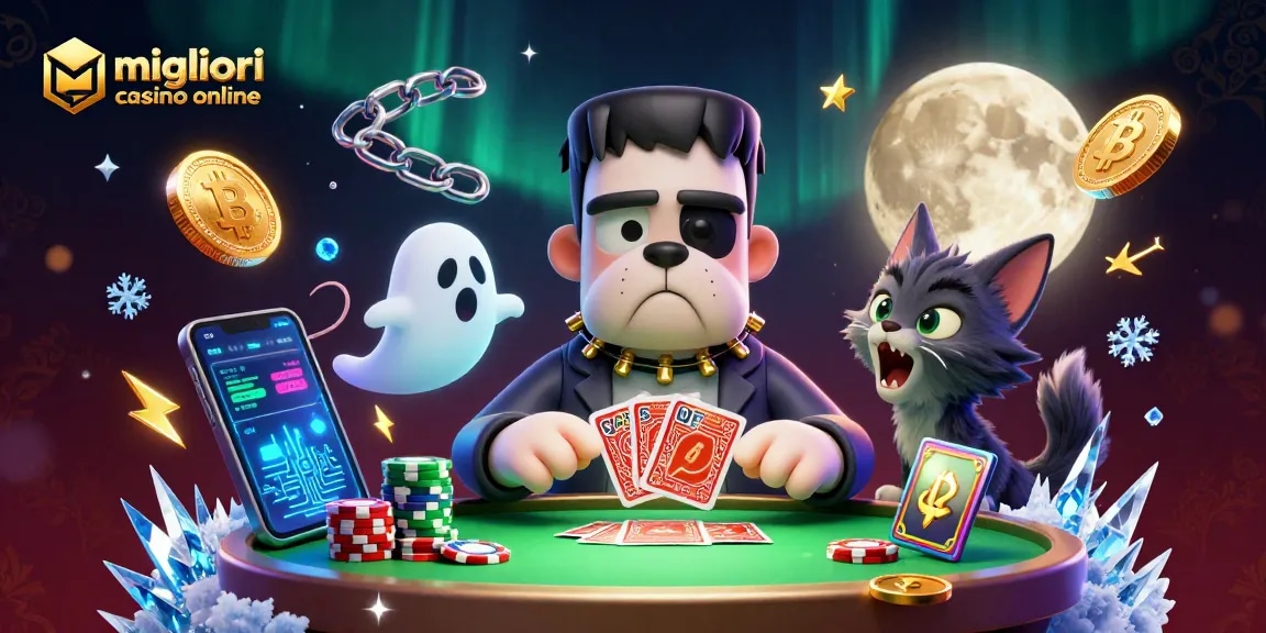 Migliori casino online: Il bulldog Frankenstein distribuisce carte in un'illustrazione vibrante con simboli del gioco.