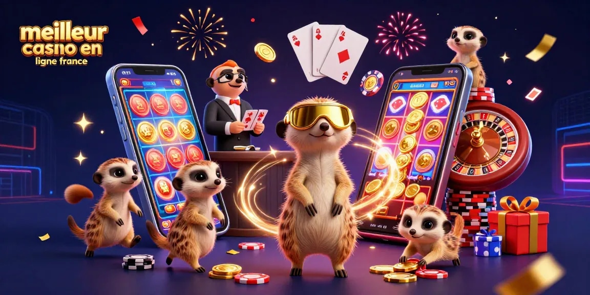 Illustration animée d'une colonie de suricates opérant un casino, mettant en avant le meilleur casino en ligne France avec des jeux variés.