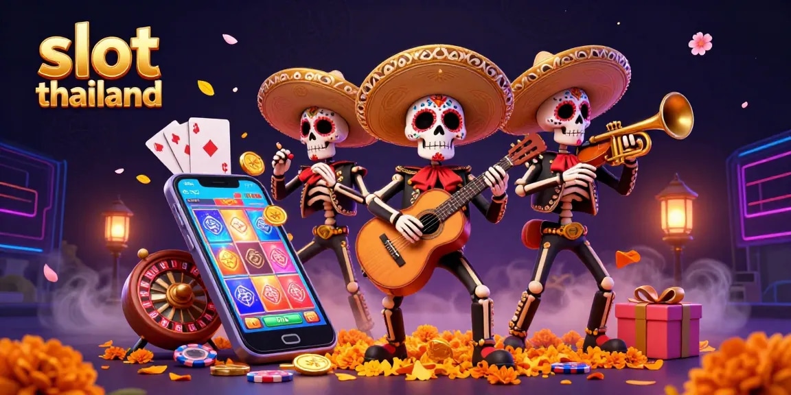 Experience exciting gameplay with slot thailand through colorful illustrations of a mariachis band, games and casino elements.