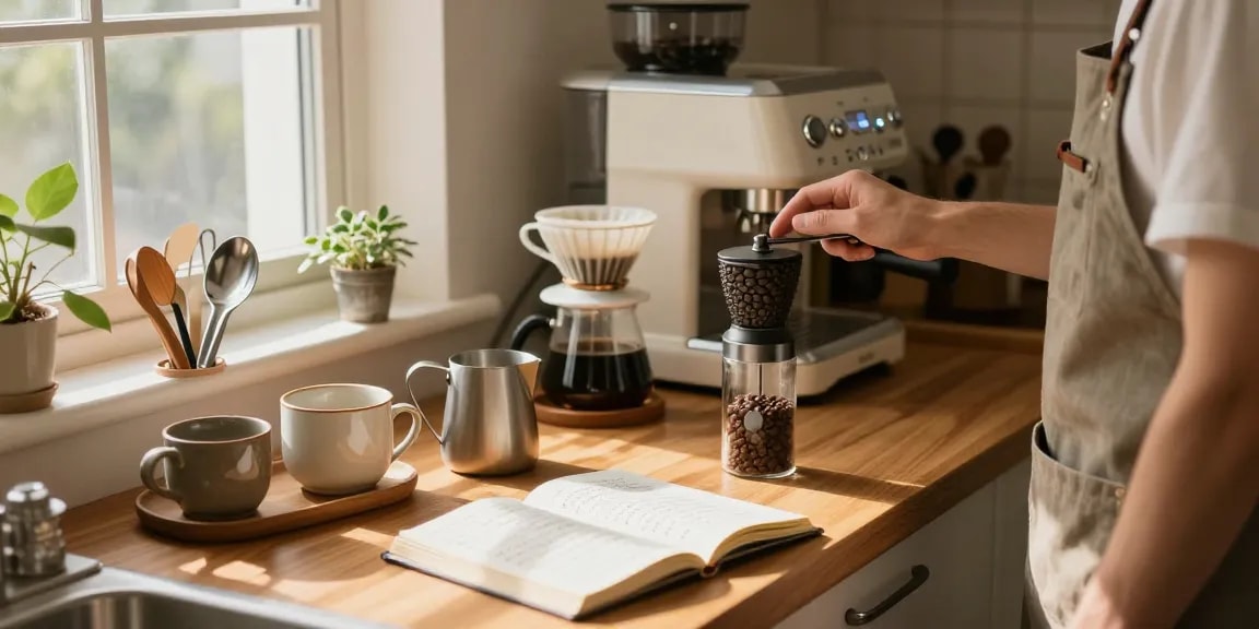 Home coffee brewing scene featuring rokok88 espresso machine and fresh ingredients for perfect morning brew.