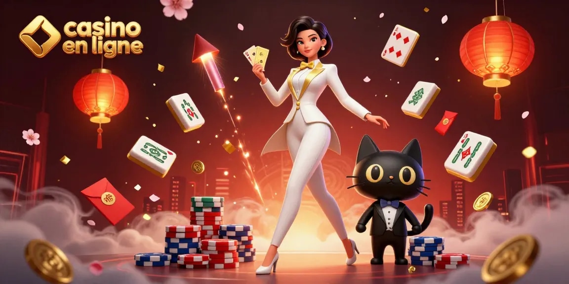 Participez à une action palpitante avec un casino en ligne mettant en vedette un croupier glamour et un chat joueur entouré d'éléments festifs.