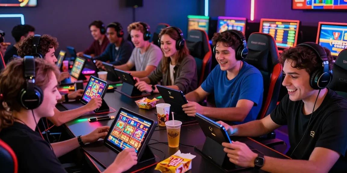 Exciting gaming scene showcasing diverse players enjoying deposit pulsa tanpa potongan slots, vibrant atmosphere with digital interfaces and gaming gear.